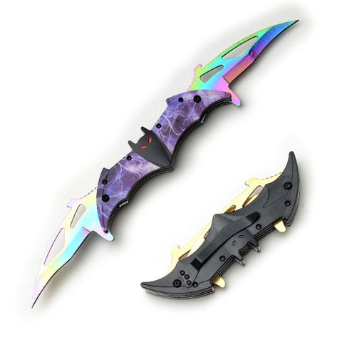 Batman Red Eye Purple Rainbow 2 Hole Double Blade Spring Assisted Folding Pocket Knife