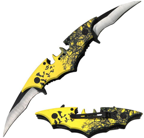 Batman Batarang 10 Inch Double Blade Spring Assisted Folding Pocket Knife YELLOW