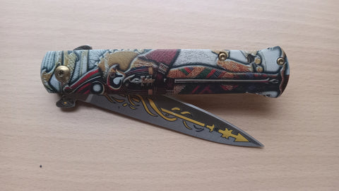 Egyptian Design Multi-Color Stiletto Spring Assisted Folding Pocket Knife