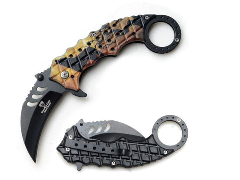 Karambit 8 Inch Brown Wolf Howling Spring Assisted Folding Pocket Knife