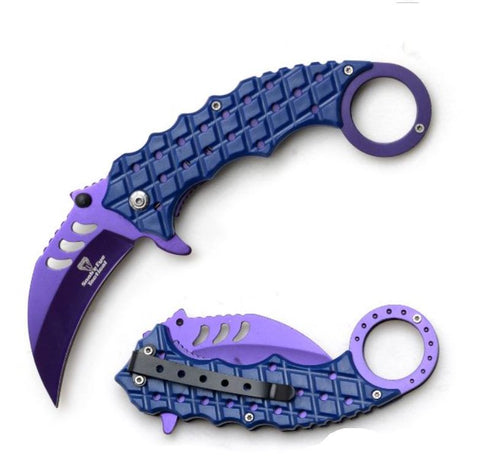 Karambit 8 Inch Purple Blue Spring Assisted Folding Pocket Knife