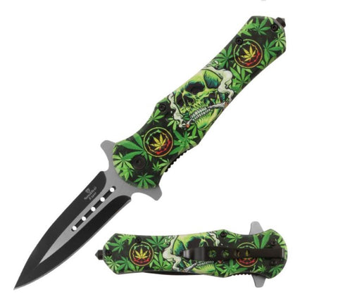 Marijuana Double Blunt Skull Spring Assisted Folding Pocket Knife Glass Breaker