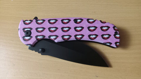 Pink Smiling Lips Spring Assisted Folding Pocket Knife