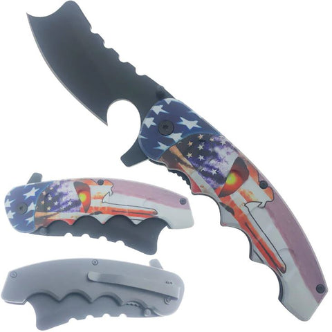 Punisher Skull Axe Blade USA Flag Spring Assisted Folding Pocket Knife