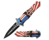 Skull American Flag Blue Eyes Spring Assisted Folding Pocket Knife Glass Breaker