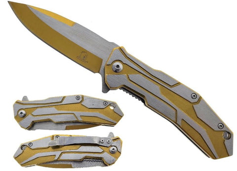 Gold & Silver Rocket Metal Handle 8 Inch Spring Assisted Folding Knife