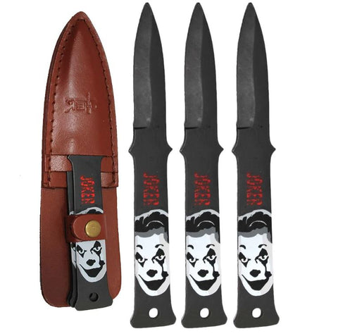 Joker 3 Piece 8 Inch Fixed Blade Throwing Knife Set With Leather Sheath