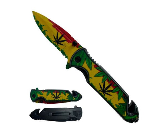 Marijuana Rasta Blade Spring Assisted Folding Pocket Knife w Line Cutter & Glass Breaker