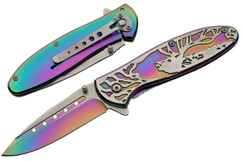 Rainbow Deer Embossed Spring Assisted Folding Pocket Knife