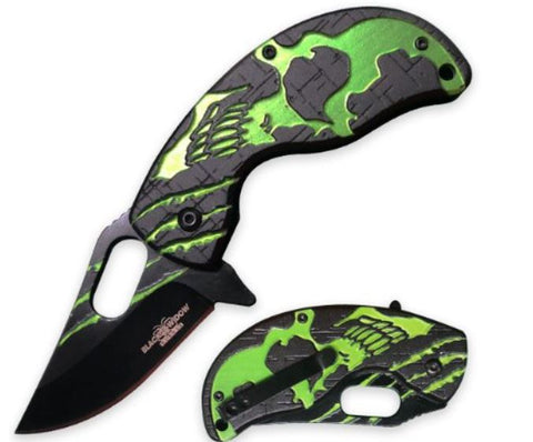 Skull 4 Inch Green Small Spring Assisted Folding Pocket Knife