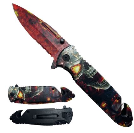 Skull 8.5 Inch Fire Eyes Spring Assisted Folding Pocket Knife Glass Breaker Line Cutter