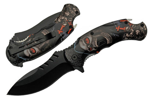 Skull Devil May Scream Spring Assisted Folding Pocket Knife Line Cutter