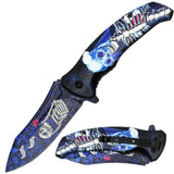 Skull Rose True Blue Skeleton  8.5 Inch Spring assisted Folding Pocket Knife