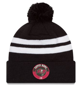 Tampa Bay Buccaneers NFL New Era Super Bowl LV Bound Circle 2-Stripe Cuffed Pom Knit Hat Black