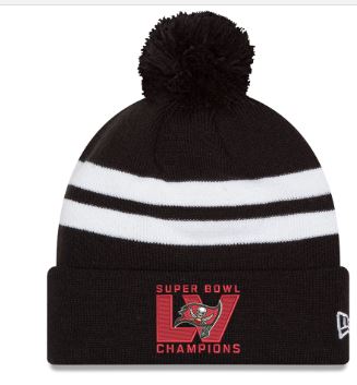 Tampa Bay Buccaneers NFL New Era Super Bowl LV Champions Top Stripe Pom Cuffed Knit Hat Black